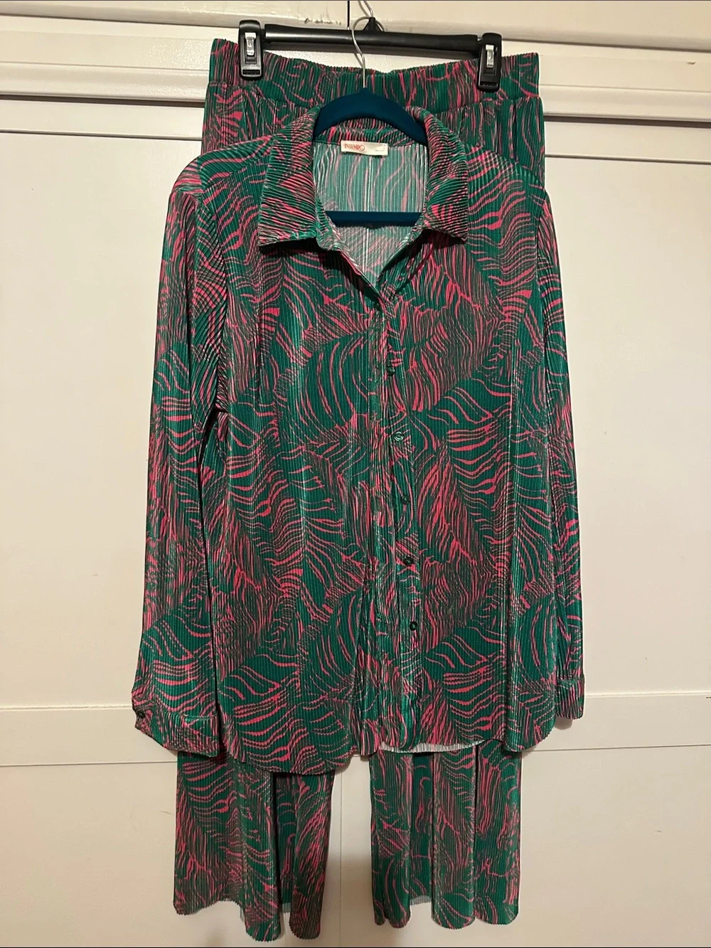 Green and Pink Patterned Button-Up Top and Pants Set